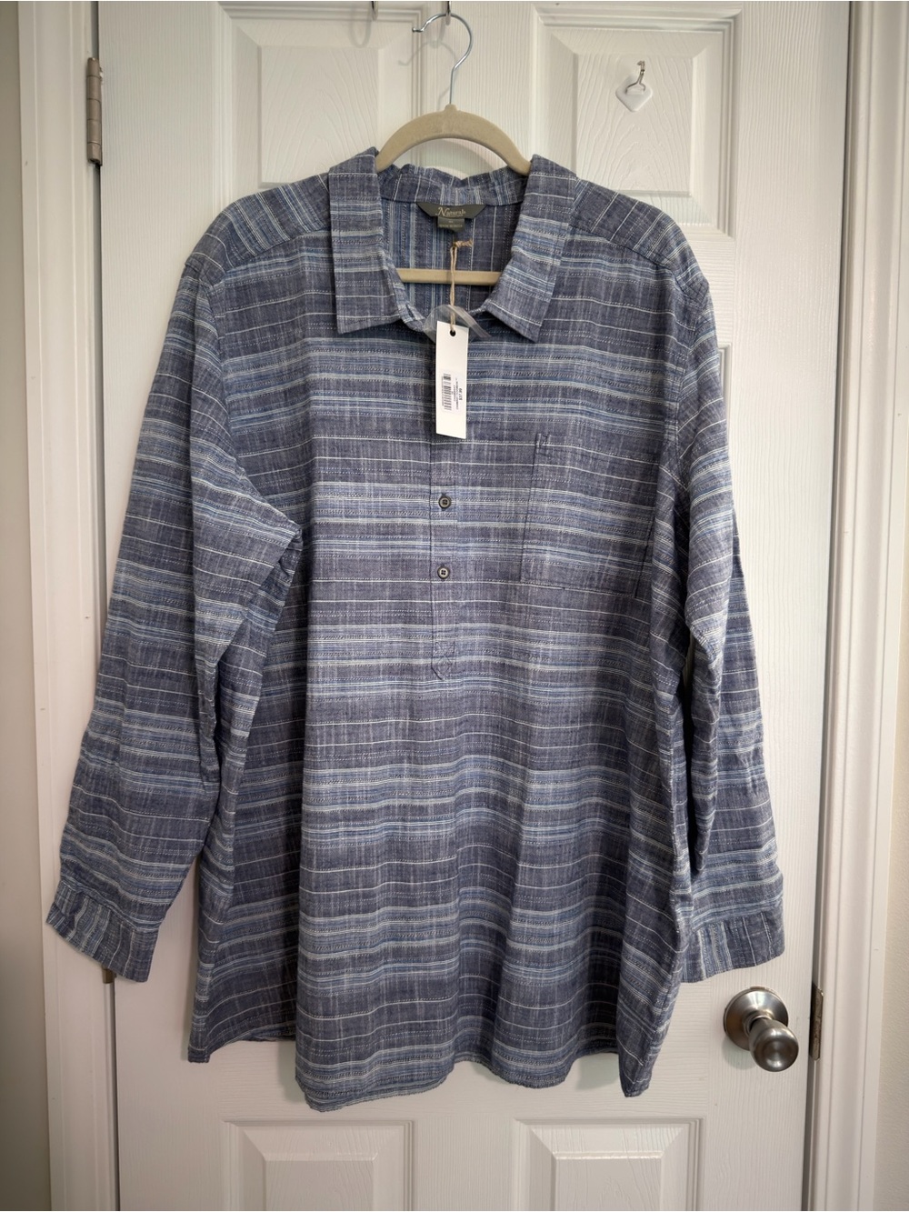 NWT Natural Reflections Blue Striped 100% Cotton Button Front Pockets Blouse 3X